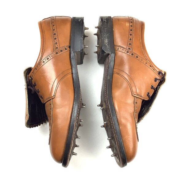 Vintage Etonic Men Golf Shoes 8 D Brown Tan Leather Oxford Brogue Metal Spikes main image 10